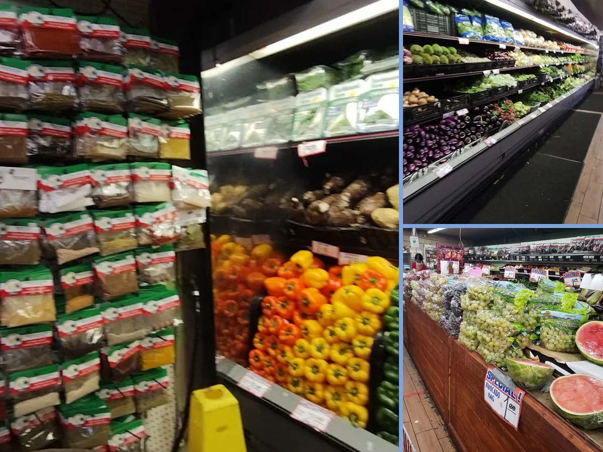 Fresh produce displayed inside an indoor market.