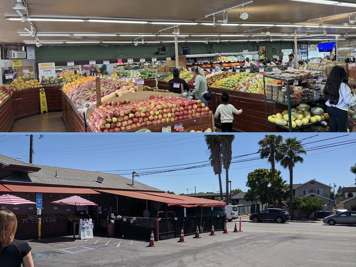 Local fruits and vegetables arranged in neat rows.