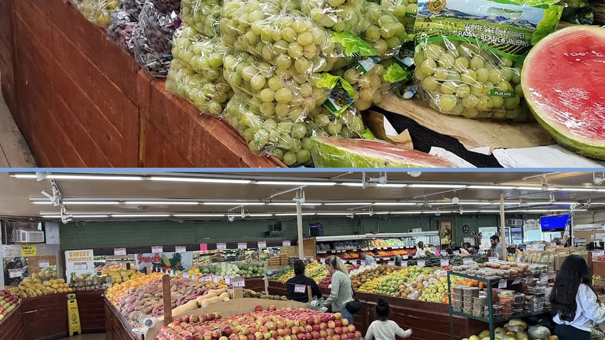 Seafood counter beside colorful produce bins.
