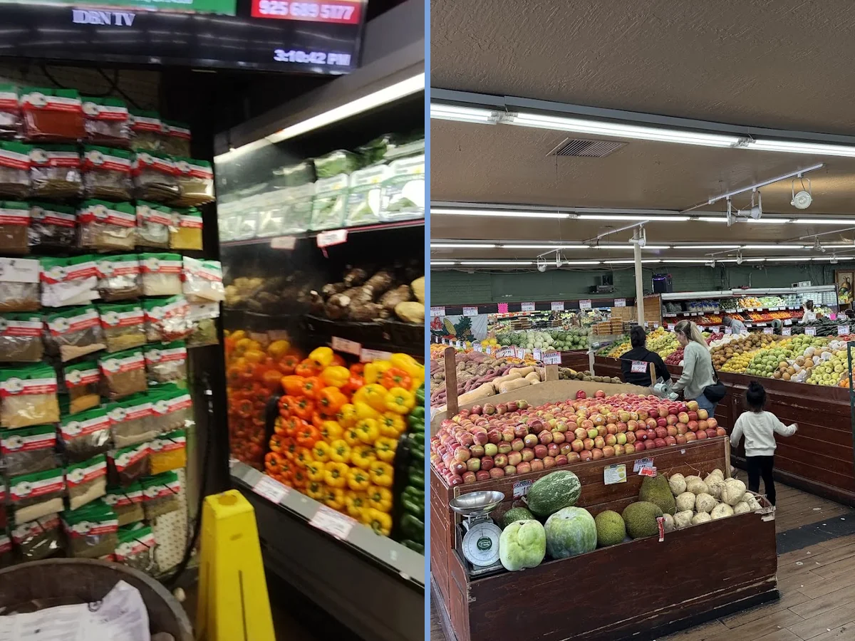 Fresh produce displayed inside an indoor market.