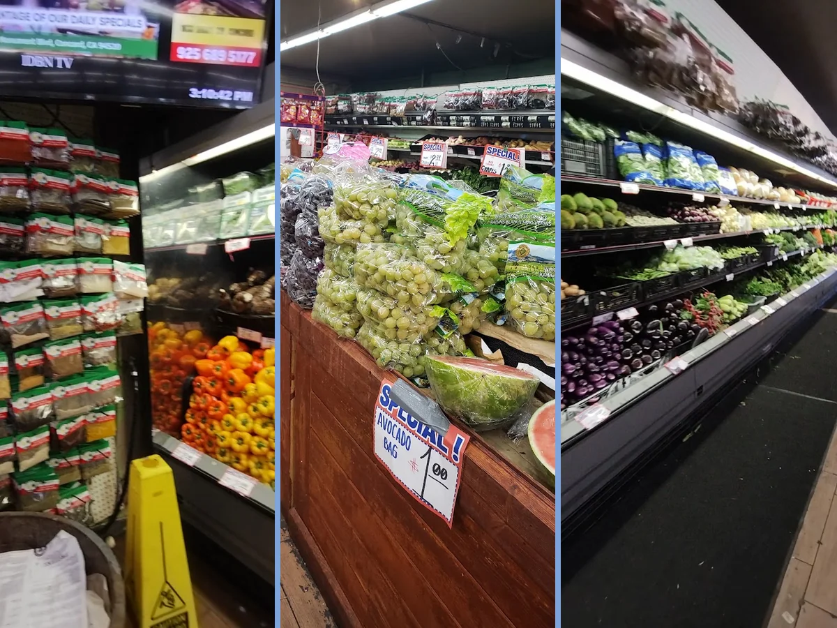 Fresh produce displayed inside an indoor market.